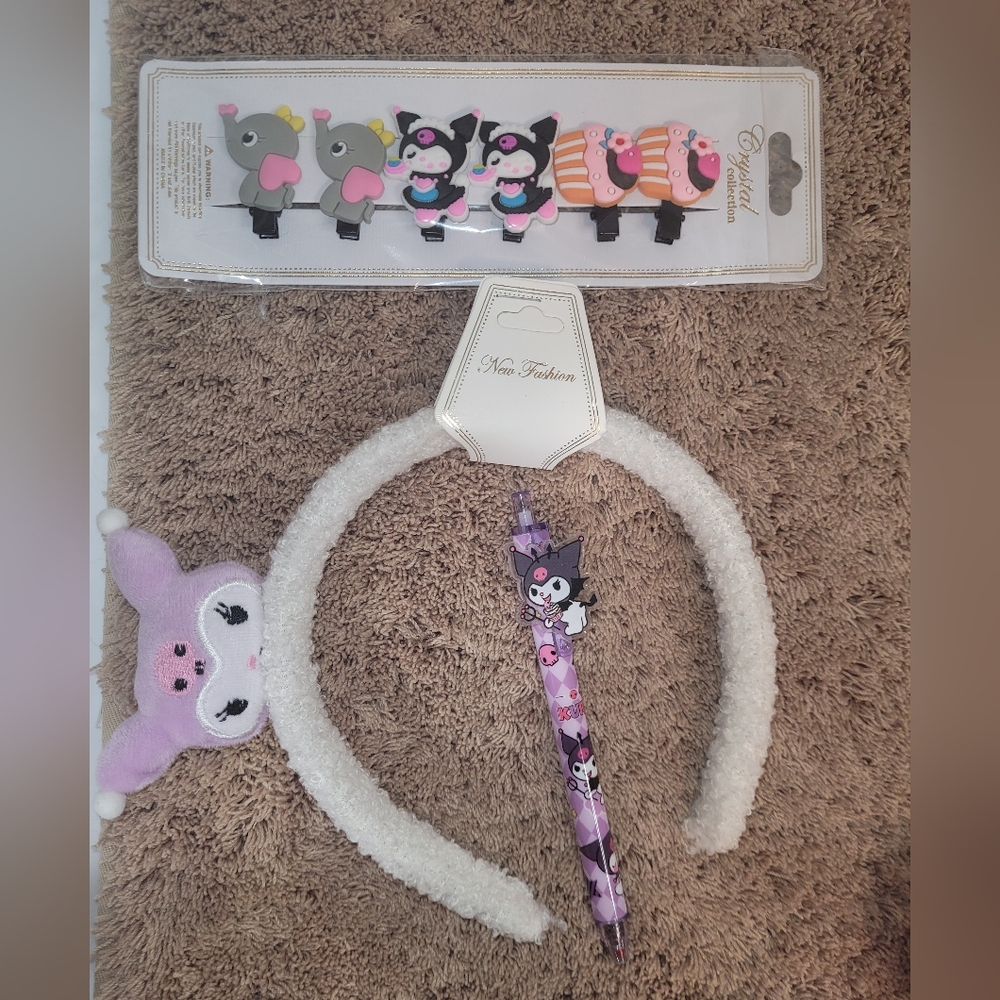 Cute hair accessory set plus a Kuromi pencil smiled.